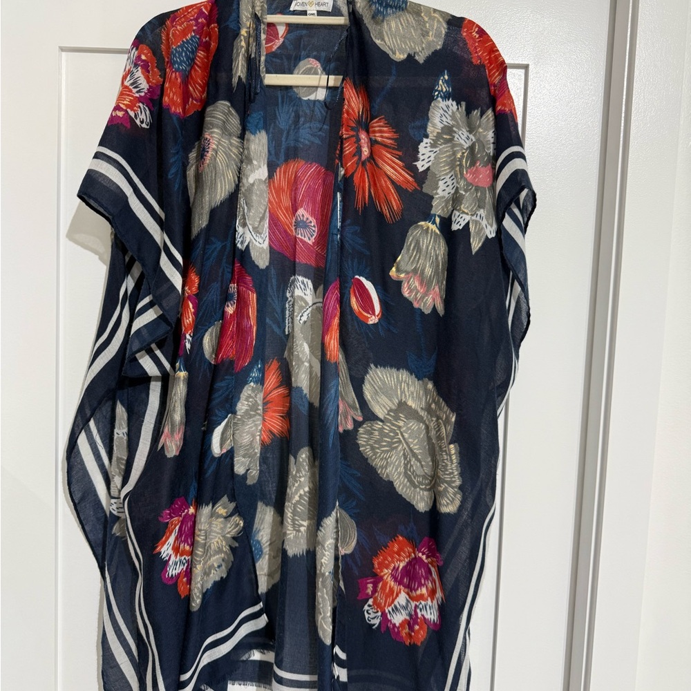 Woven Heart Navy Floral Open-Front Kimono with Red and Gray Blooms